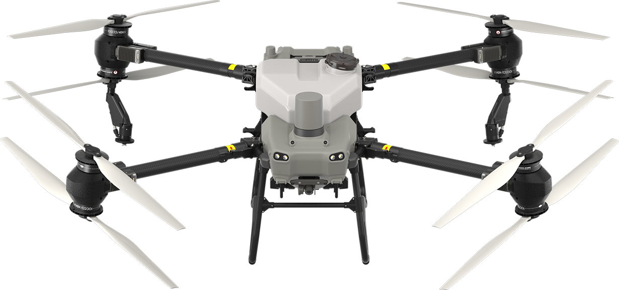 Vue frontale du DJI Agras T50, un drone conçu pour l'épandage agricole avec une technologie de pointe.