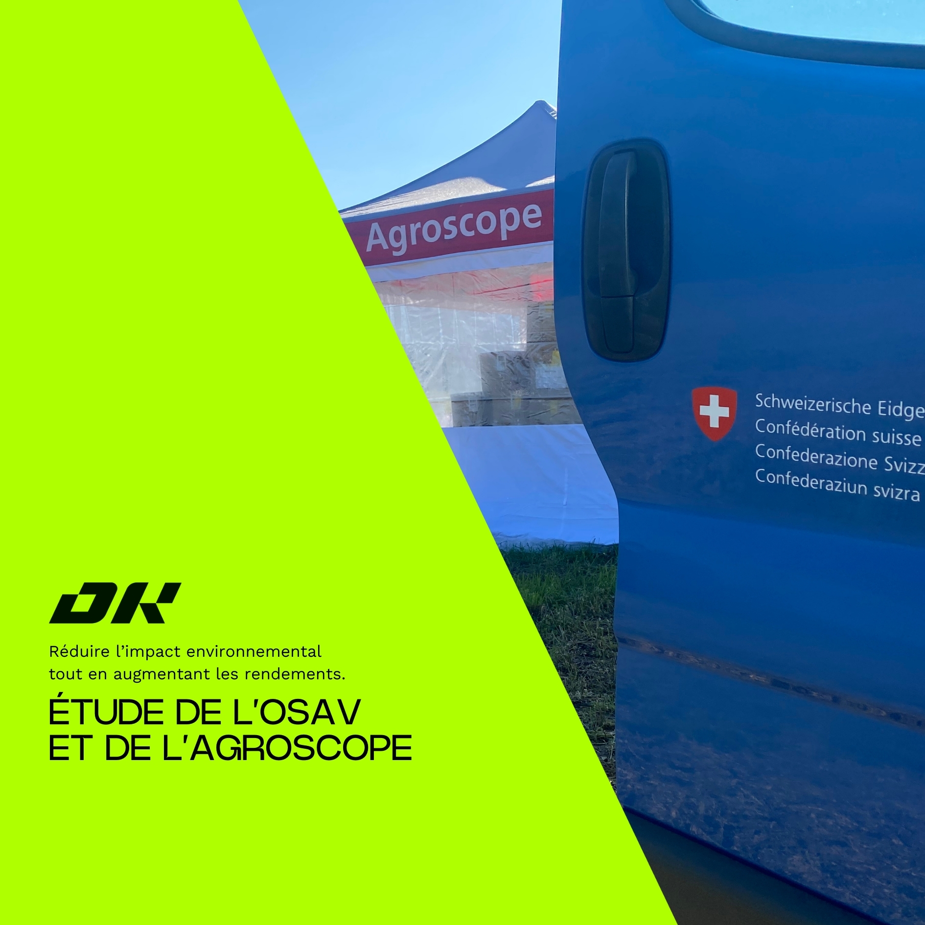 Étude sur la réduction de l'impact environnemental menée par l'OSAV et Agroscope, avec un véhicule suisse en arrière-plan.