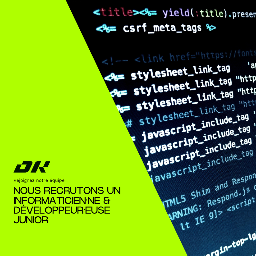 Un écran d'ordinateur affiche du code de programmation sur un fond noir. Le coin gauche de l'image est vert vif avec du texte en blanc indiquant 