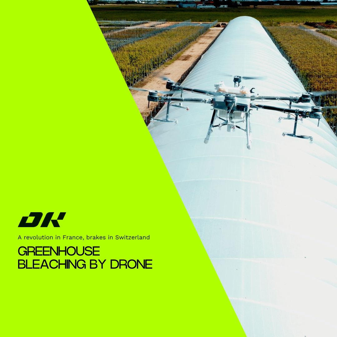 Drone flying over greenhouse applying shade paint — new agricultural bleaching method.