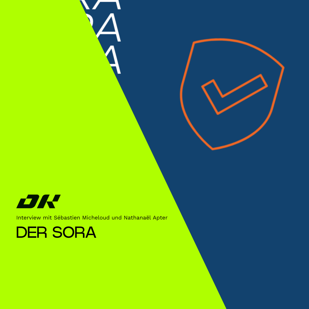 Grafik mit Schild und Häkchen, Text: „Interview mit Sébastien Micheloud und Nathanaël Apter – Der SORA“, visuelles Material zur Drohnenregulierung.