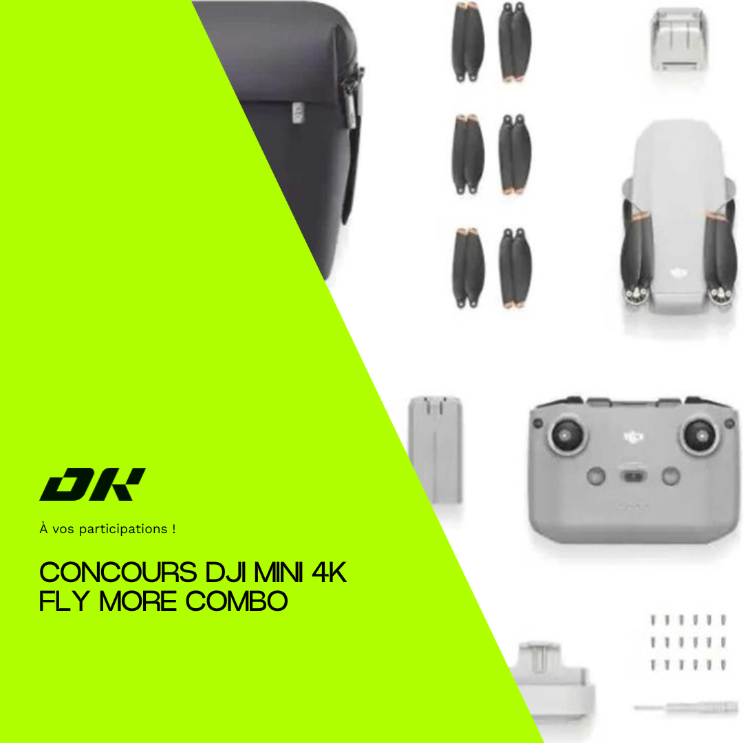Présentation du concours DigitalRoots avec le drone DJI Mini 4K Fly More Combo et ses accessoires sur fond design vert fluo.