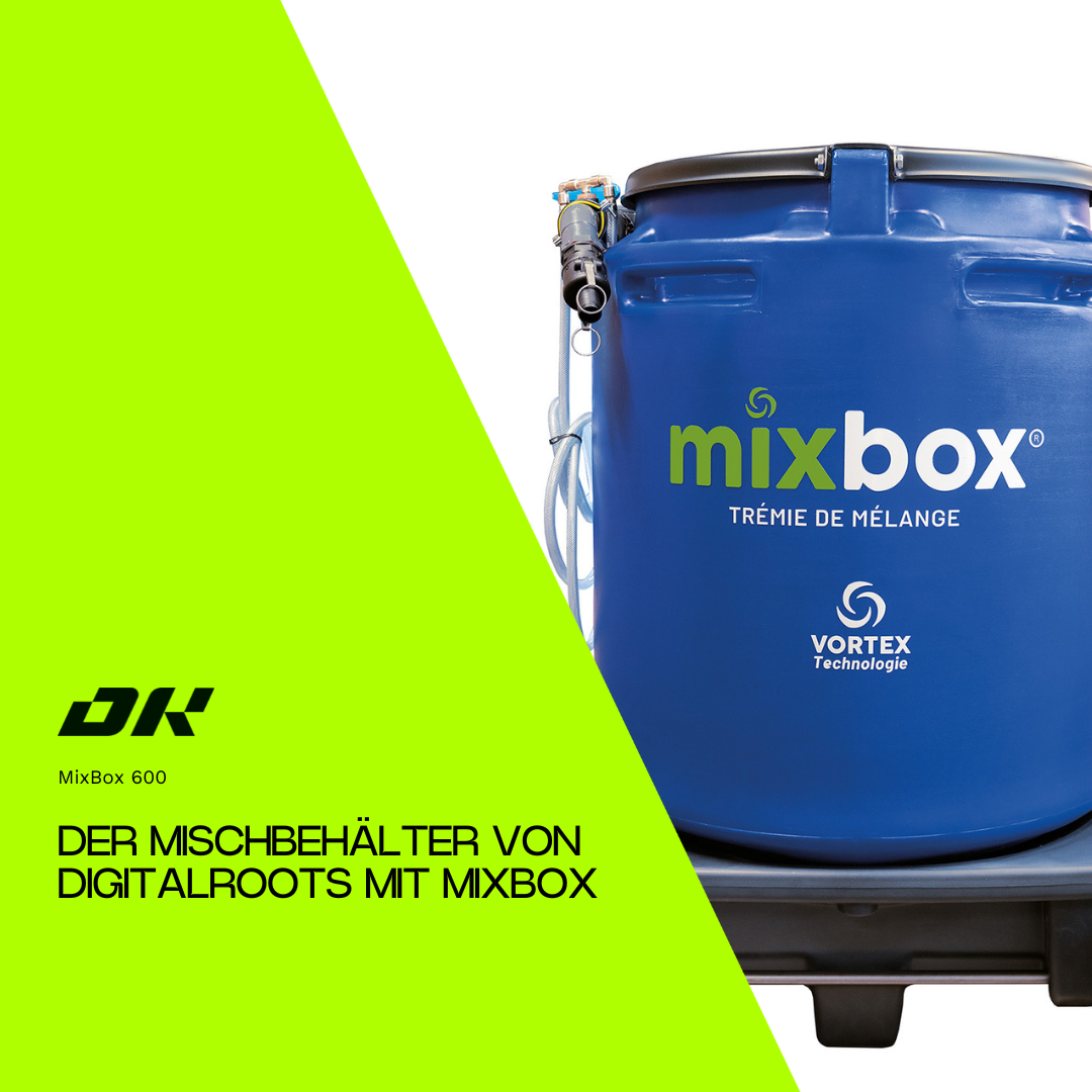 Nahaufnahme des blauen MixBox-600-Mischbehälters mit Vortex-Technologie, entwickelt von DigitalRoots und MixBox für die schnelle und homogene Vorbereitung landwirtschaftlicher Spritzbrühen.