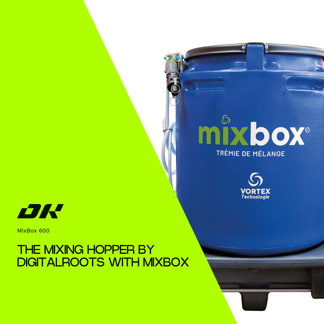 Close-up of the blue MixBox 600 mixing hopper with Vortex Technology, co-developed by DigitalRoots and MixBox for preparing spray mixtures used in agricultural drone operations.