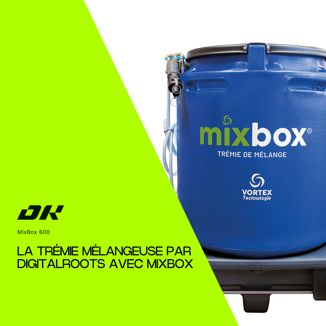 Cuve bleue de la trémie de mélange MixBox 600, équipée de la technologie Vortex, développée par DigitalRoots et MixBox pour la préparation des bouillies destinées aux drones agricoles.